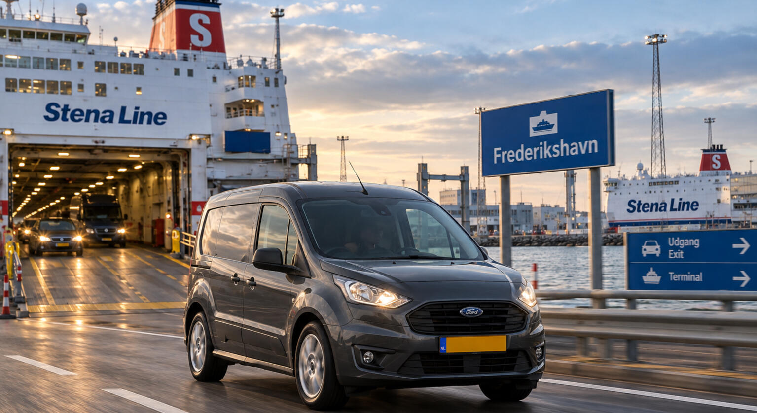 courier van disembarking the Stena Line ferry in Denmark at the port of Frederikshavn for direct European transport.